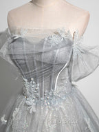 Gray A-Line Off the Shoulder Tulle Formal Prom Dresses, Lovely Corset Floor Length Party Dresses
