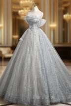 Gray A-Line Off the Shoulder Tulle Formal Prom Dresses, Lovely Corset Floor Length Party Dresses