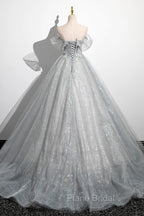 Gray A-Line Off the Shoulder Tulle Formal Prom Dresses, Lovely Corset Floor Length Party Dresses