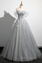 Gray A-Line Off the Shoulder Tulle Formal Prom Dresses, Lovely Corset Floor Length Party Dresses