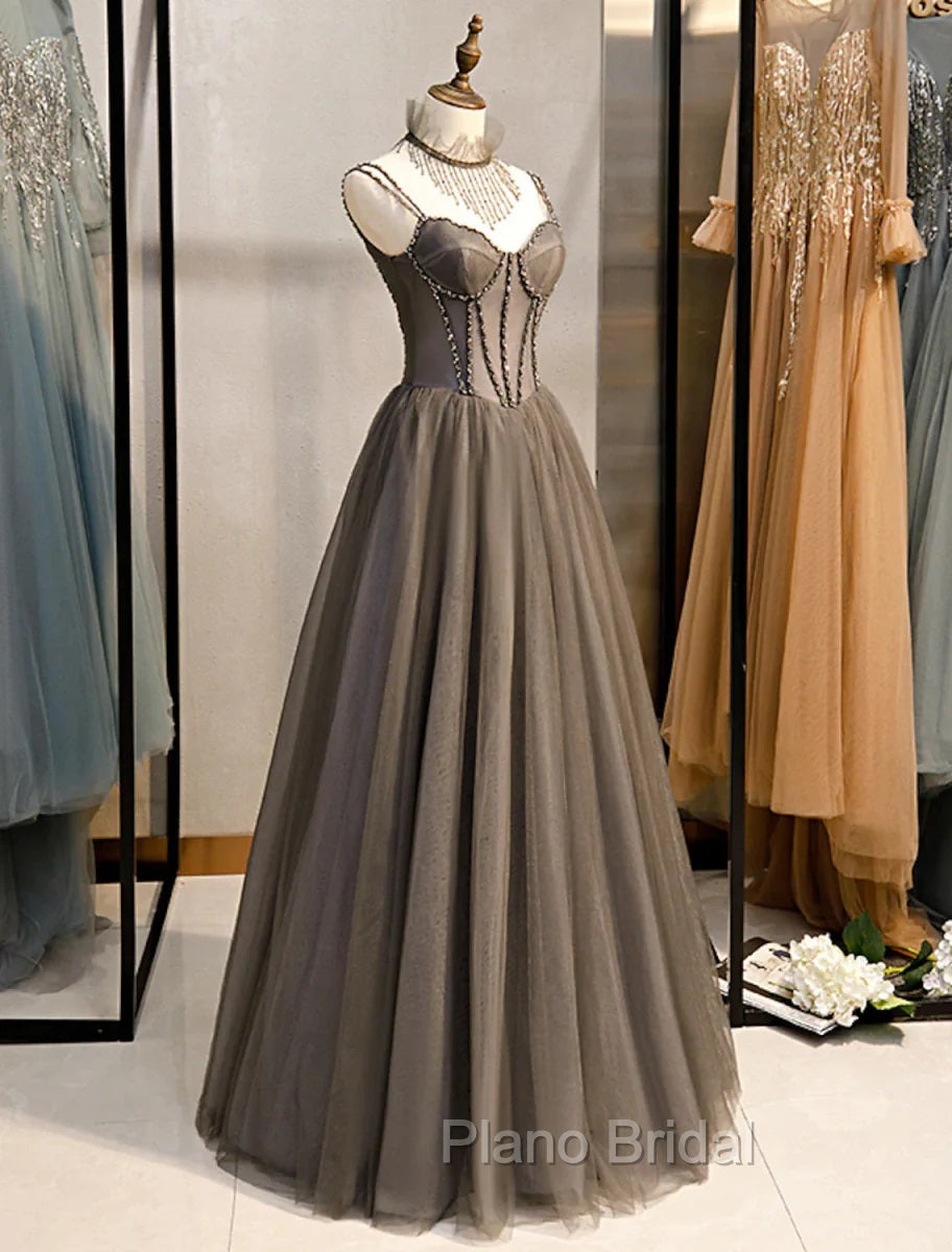 Gray A-Line Formal Prom Dresses Open Back Dresses Formal Wedding Party Floor Length Sleeveless Spaghetti Strap Tulle with Pleats Crystals