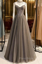 Gray A-Line Formal Prom Dresses Open Back Dresses Formal Wedding Party Floor Length Sleeveless Spaghetti Strap Tulle with Pleats Crystals