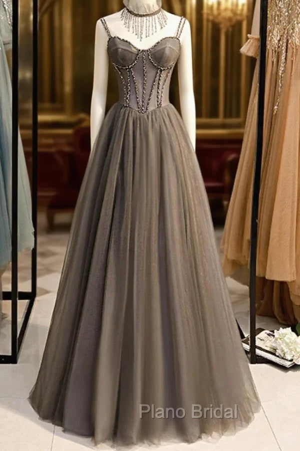Gray A-Line Formal Prom Dresses Open Back Dresses Formal Wedding Party Floor Length Sleeveless Spaghetti Strap Tulle with Pleats Crystals
