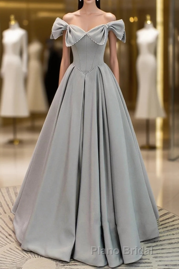 Gray A-Line Satin Long Formal Prom Dress, Gray Formal Evening Dress Main image