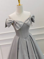 Gray A-Line Satin Long Formal Prom Dress, Gray Formal Evening Dress