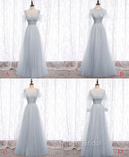 Gray A line Tulle Long Formal Prom Dresses, Gray Formal Bridesmaid Dresses