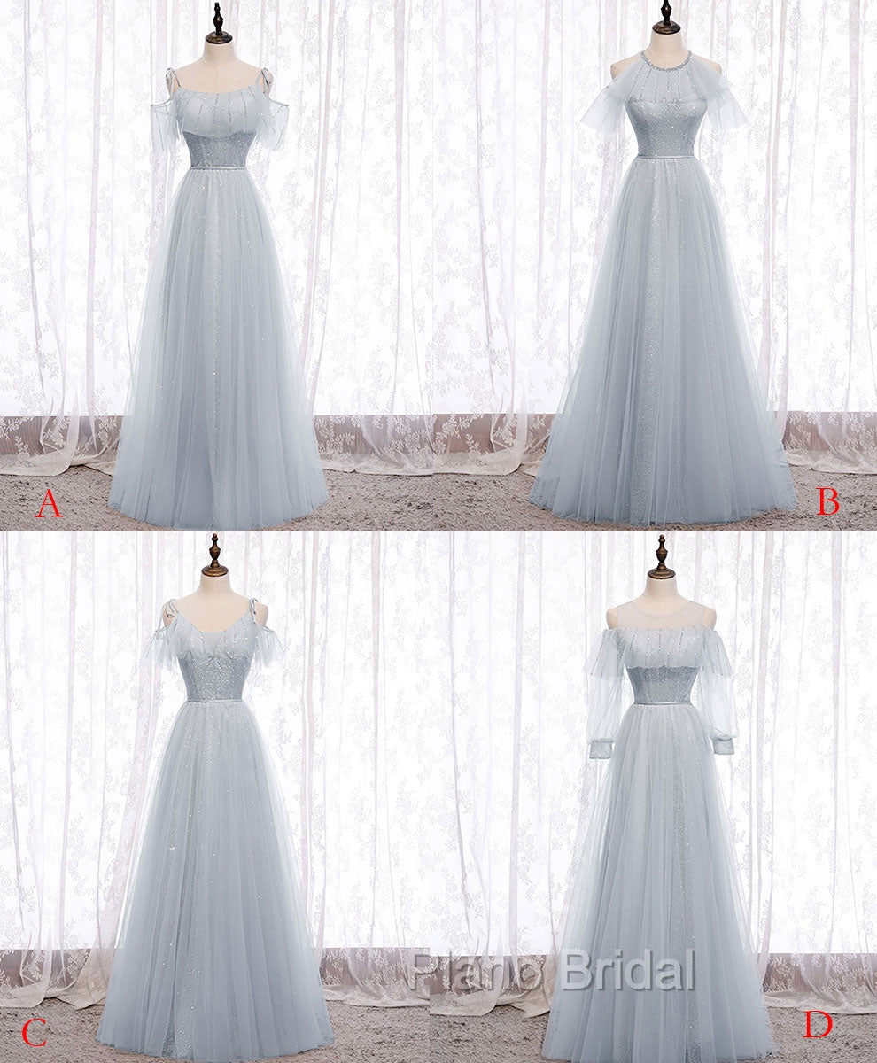Gray A line Tulle Long Formal Prom Dresses, Gray Formal Bridesmaid Dresses