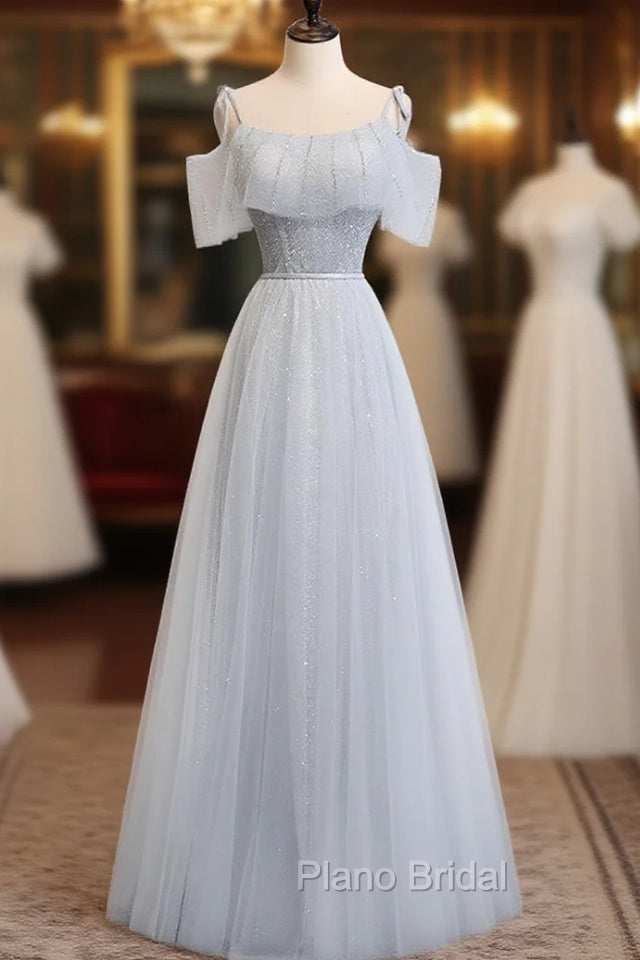 Gray A line Tulle Long Formal Prom Dresses, Gray Formal Bridesmaid Dresses