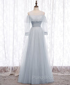 Gray A line Tulle Long Formal Prom Dresses, Gray Formal Bridesmaid Dresses