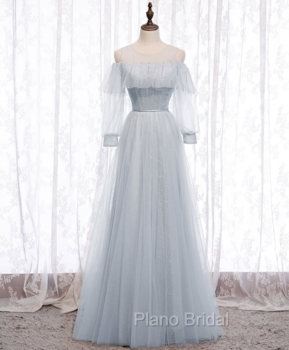 Gray A line Tulle Long Formal Prom Dresses, Gray Formal Bridesmaid Dresses