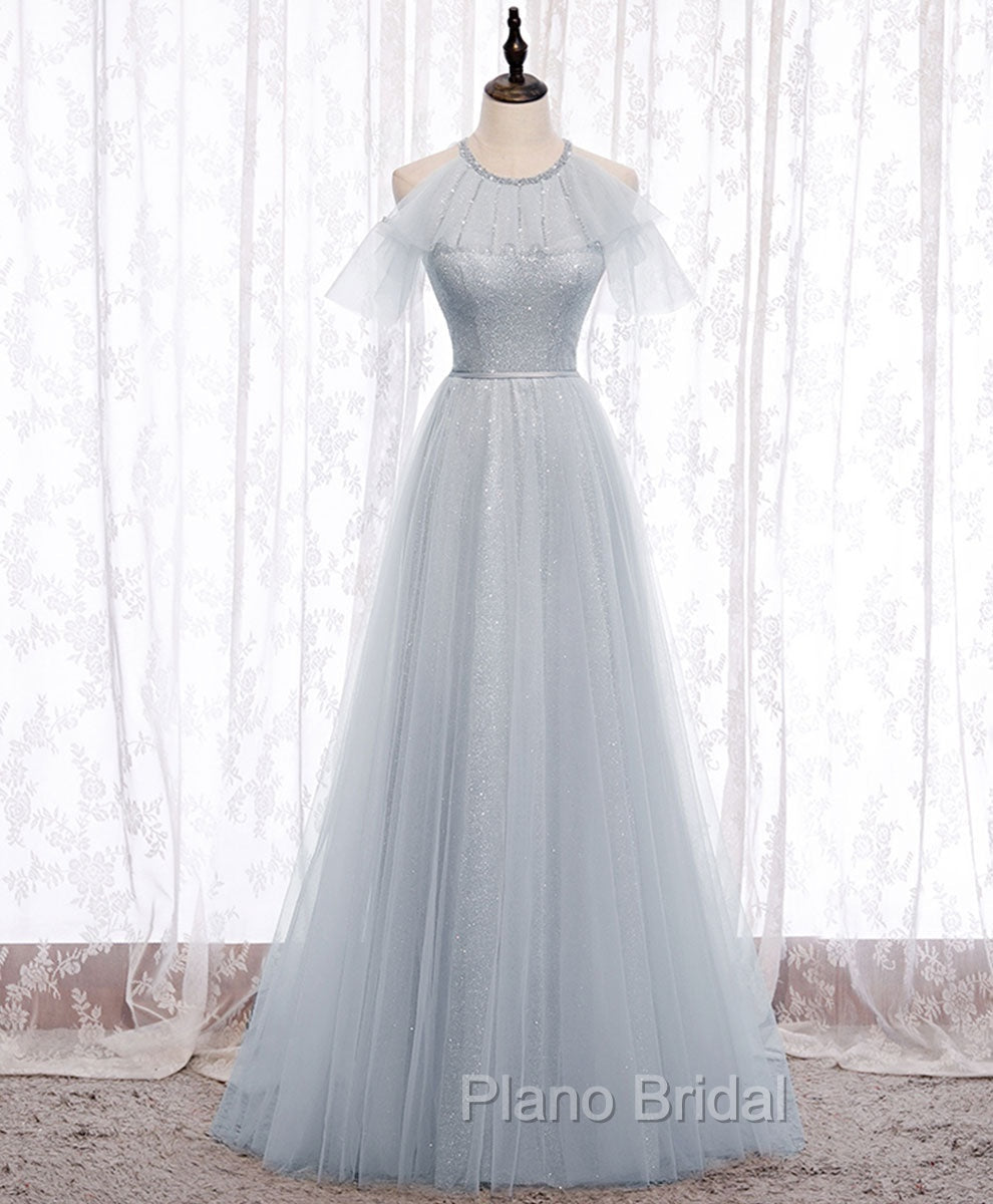 Gray A line Tulle Long Formal Prom Dresses, Gray Formal Bridesmaid Dresses Main image