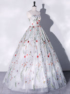 Gray A-LIne Tulle Long Formal Prom Dresses, Gray Formal Evening Dresses