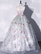 Gray A-LIne Tulle Long Formal Prom Dresses, Gray Formal Evening Dresses