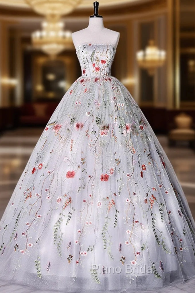Gray A-LIne Tulle Long Formal Prom Dresses, Gray Formal Evening Dresses Main image