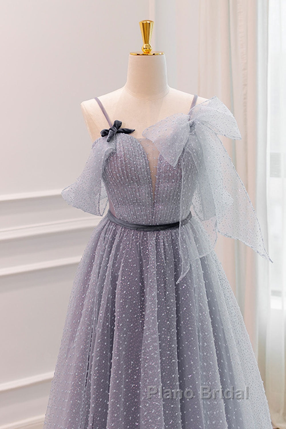 Gray A-Line Tulle Long Formal Prom Dresses, Gray Formal Evening Dresses Secondary image