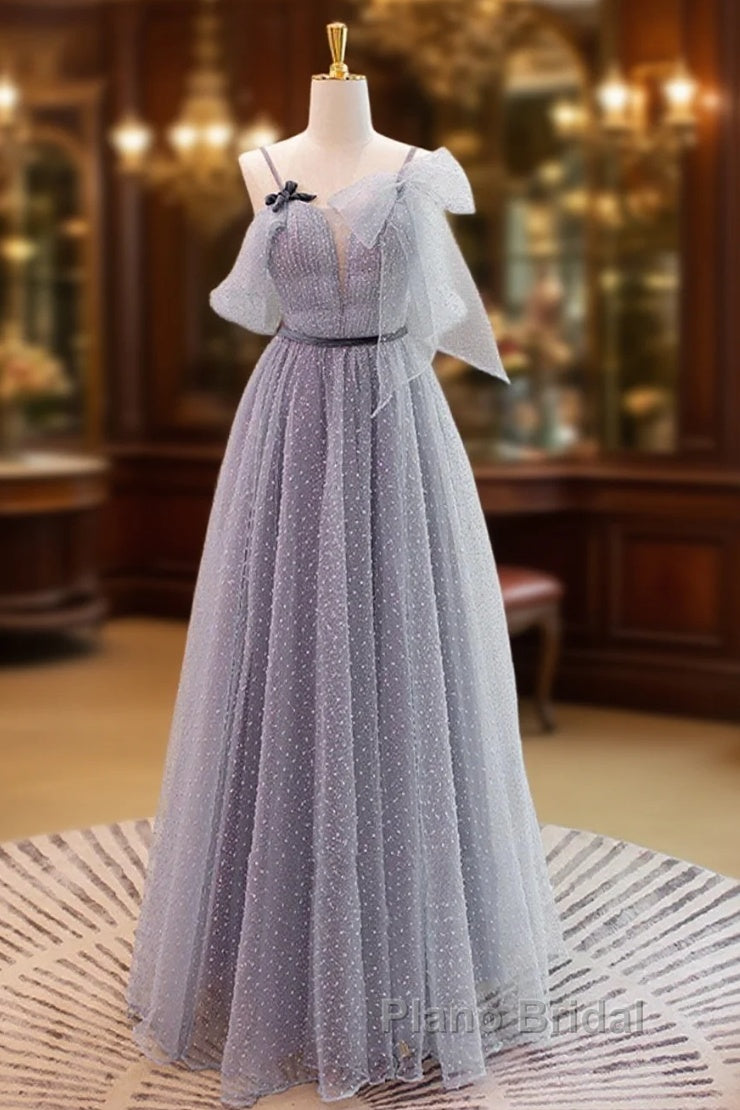 Gray A-Line Tulle Long Formal Prom Dresses, Gray Formal Evening Dresses Main image