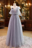 Gray A-Line Tulle Long Formal Prom Dresses, Gray Formal Evening Dresses