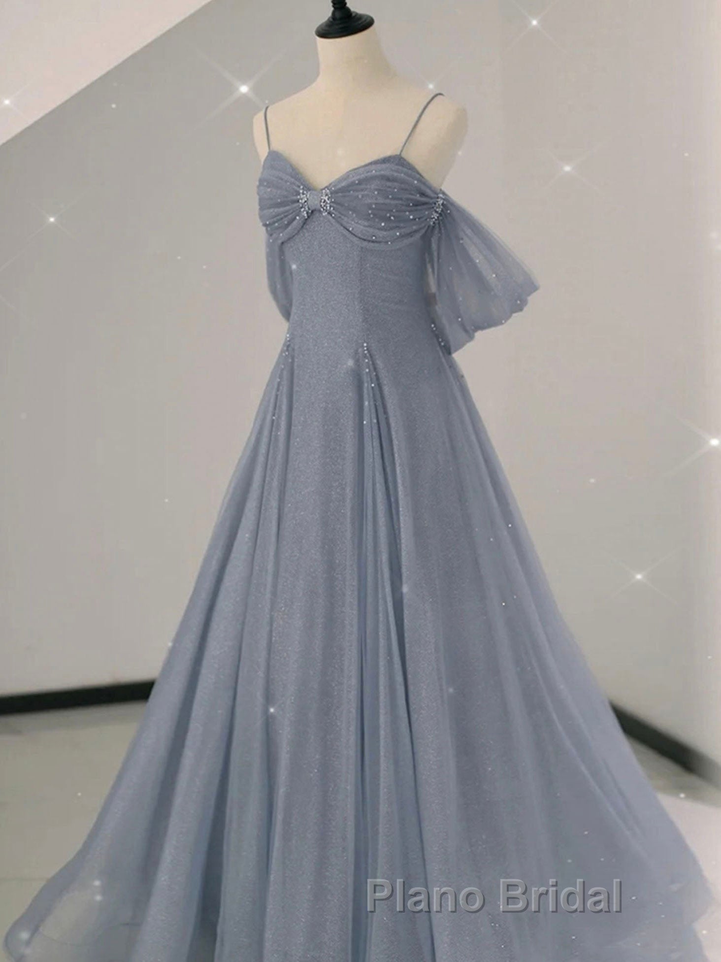 Gray A line tulle off shoulder Formal Prom dress, gray long evening dress Main image