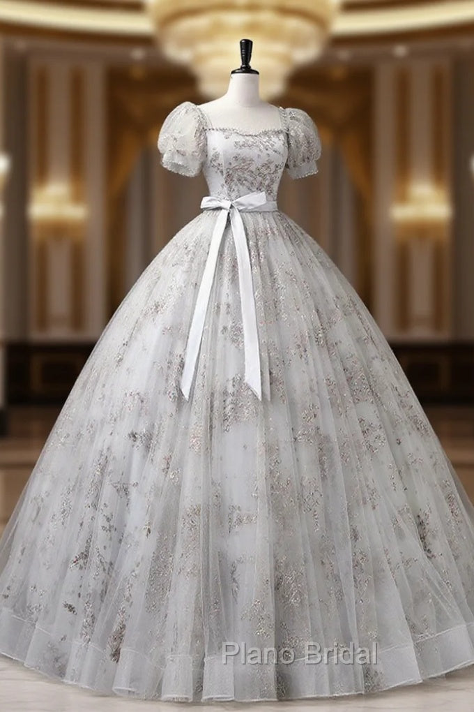 Gray A-Line Tulle Sequin Long Formal Prom Dresses, Gray Tulle Sweet 16 Dresses
