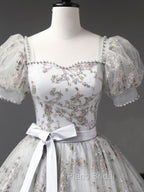 Gray A-Line Tulle Sequin Long Formal Prom Dresses, Gray Tulle Sweet 16 Dresses