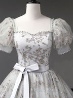 Gray A-Line Tulle Sequin Long Formal Prom Dresses, Gray Tulle Sweet 16 Dresses