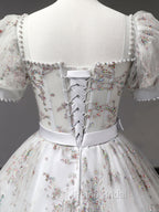 Gray A-Line Tulle Sequin Long Formal Prom Dresses, Gray Tulle Sweet 16 Dresses