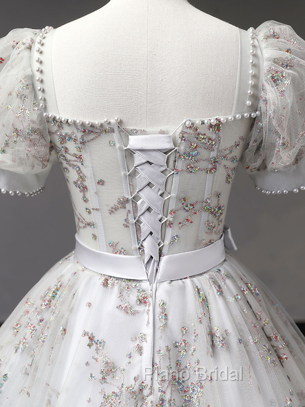 Gray A-Line Tulle Sequin Long Formal Prom Dresses, Gray Tulle Sweet 16 Dresses