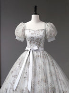 Gray A-Line Tulle Sequin Long Formal Prom Dresses, Gray Tulle Sweet 16 Dresses