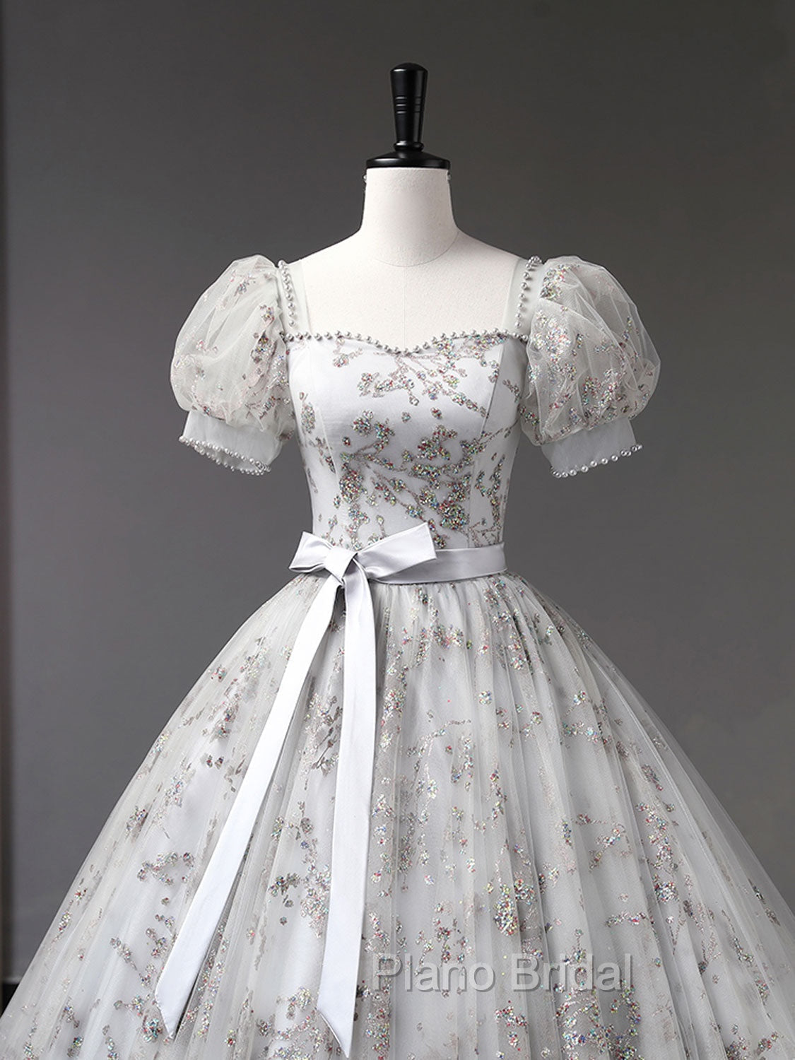 Gray A-Line Tulle Sequin Long Formal Prom Dresses, Gray Tulle Sweet 16 Dresses