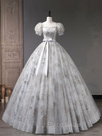 Gray A-Line Tulle Sequin Long Formal Prom Dresses, Gray Tulle Sweet 16 Dresses