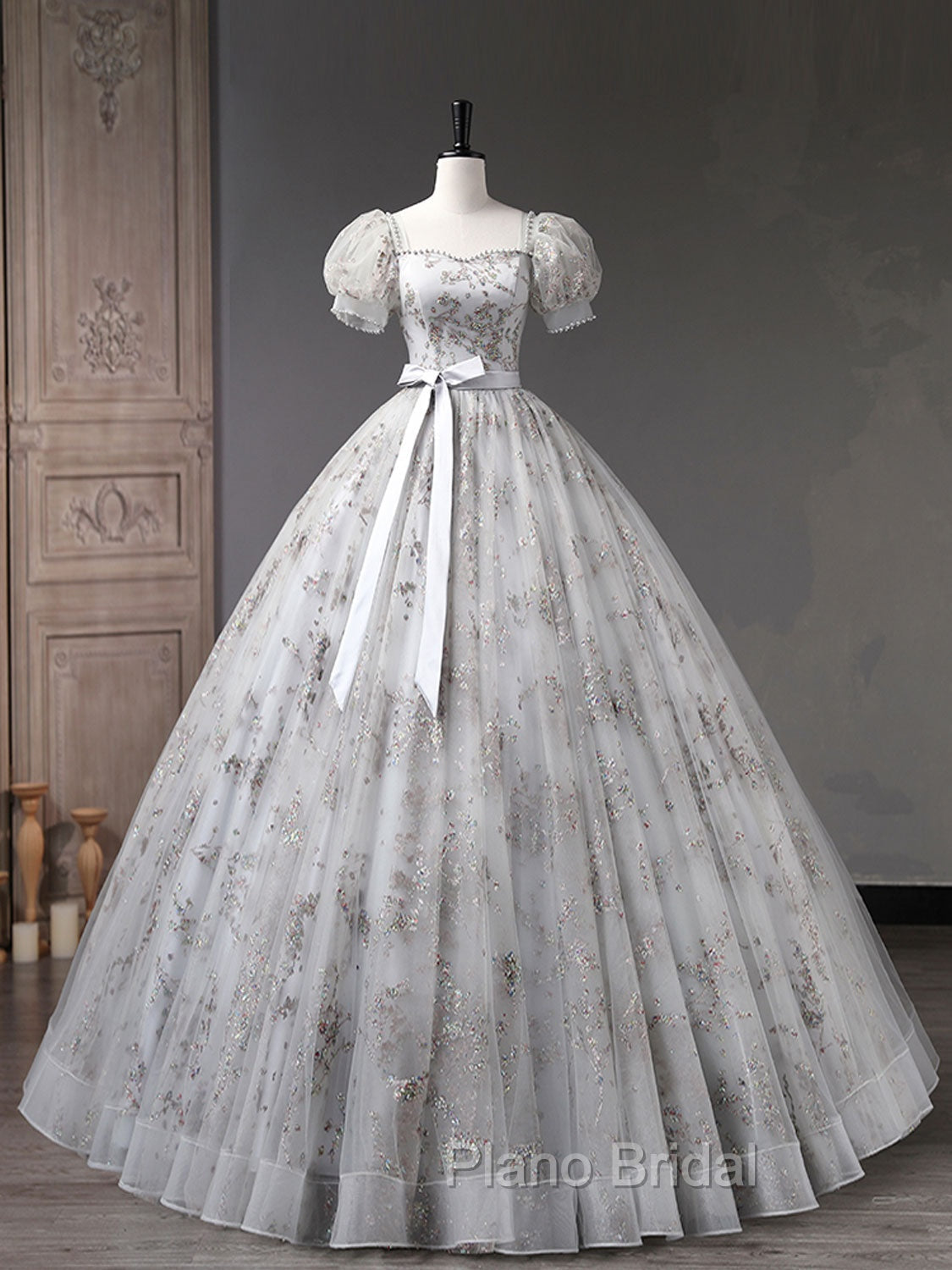 Gray A-Line Tulle Sequin Long Formal Prom Dresses, Gray Tulle Sweet 16 Dresses