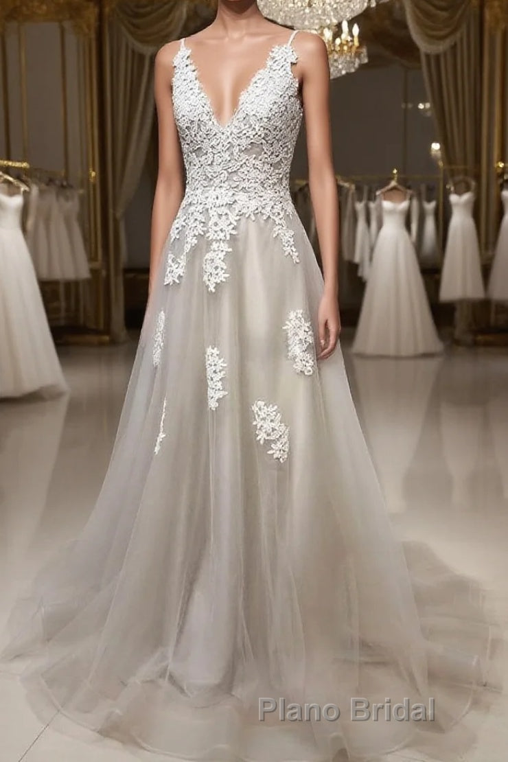 Gray A Line V Neck Lace Appliques Tulle Long Formal Prom Dresses, Lace Gray Formal Dresses, Evening Dresses 2019