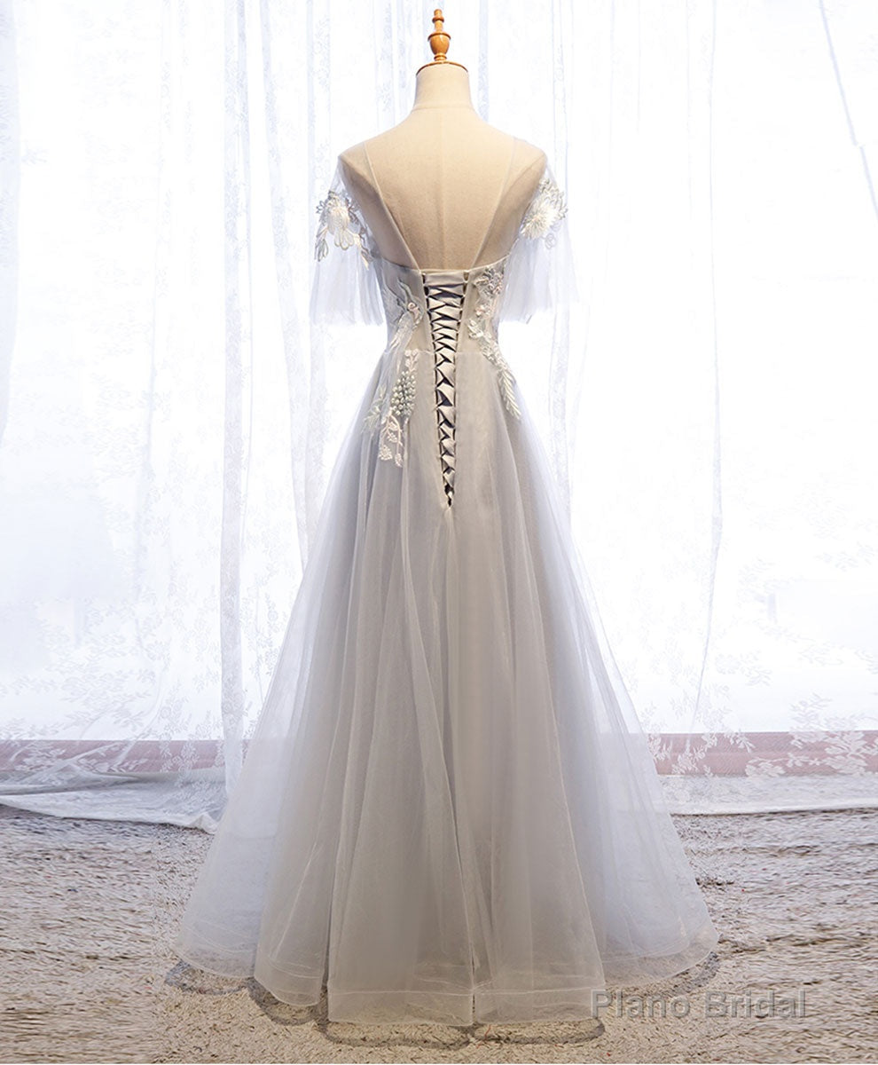 Gray Aline Lace Long Prom Dress, Gray Tulle Lace Formal Graduation Dress Secondary image