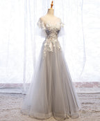 Gray Aline Lace Long Prom Dress, Gray Tulle Lace Formal Graduation Dress