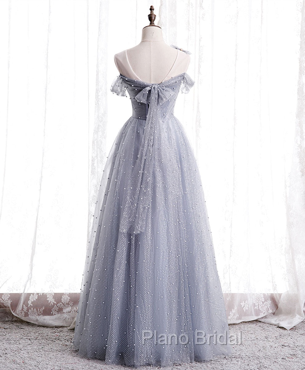 Gray Aline Long Formal Prom Dresses, One Shoulder Gray Formal Party Dresses Secondary image