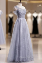 Gray Aline Long Formal Prom Dresses, One Shoulder Gray Formal Party Dresses