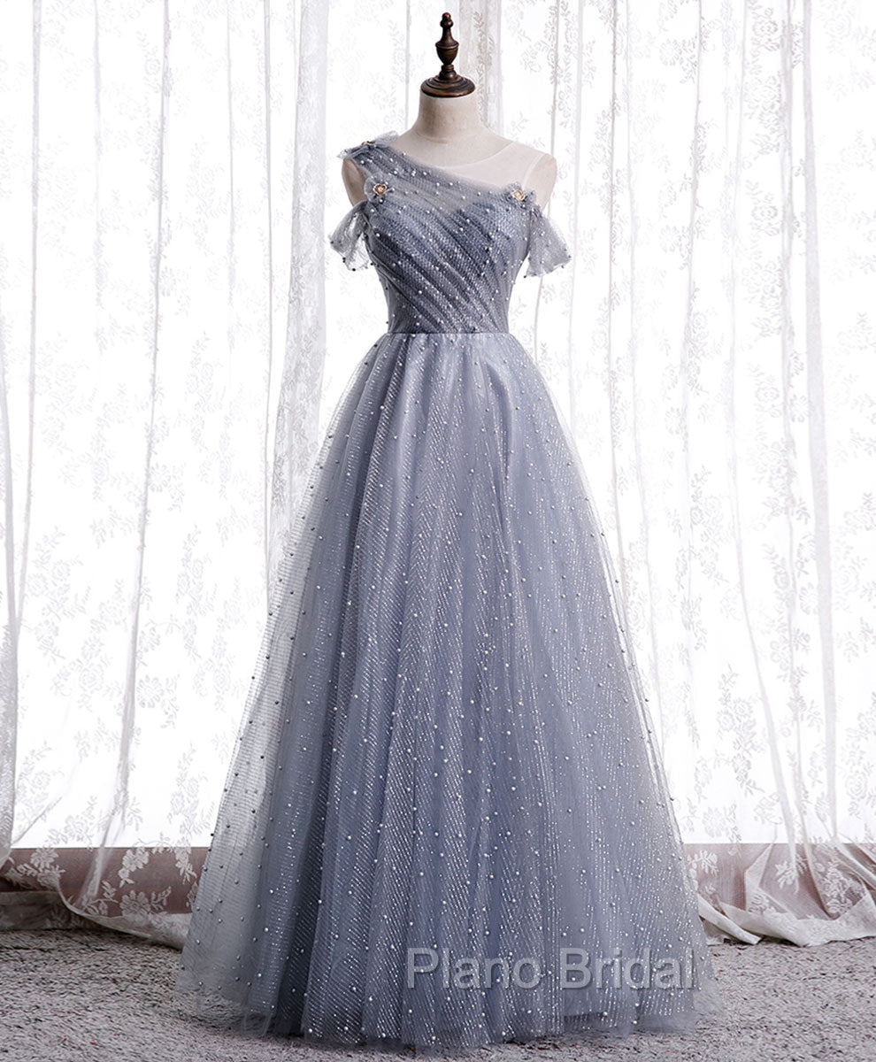 Gray Aline Long Formal Prom Dresses, One Shoulder Gray Formal Party Dresses Main image