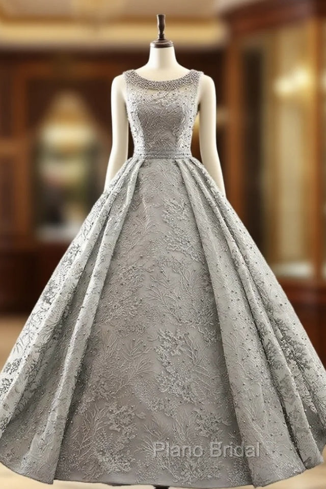 Gray Ball Gown Backless Appliques Pearls Floor Length Wedding Dresses