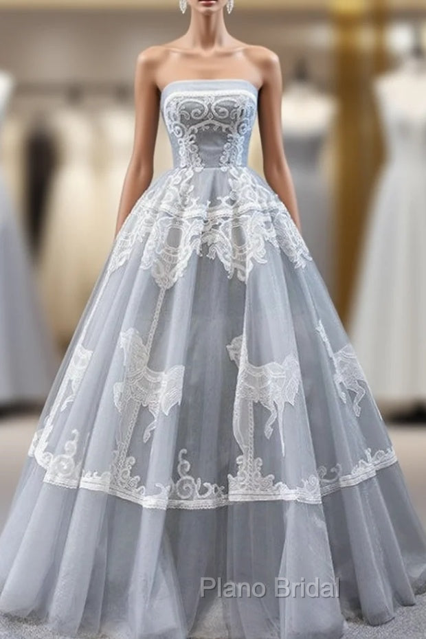 Gray Ball Gown Tulle Appliques Embroidery Strapless Formal Prom Dresses Main image