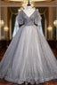 Gray Ball Gown Tulle Sequins V-neck Formal Prom Dresses