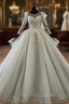 Gray Ball Gown Tulle Seuqins Beading Long Sleeve Wedding Dresses With Long Train
