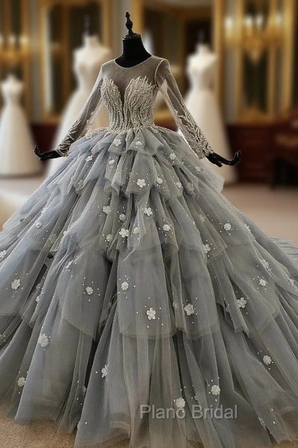 Gray Ball Gown Tulle Tiers Long Sleeve Appliques Beading Wedding Dresses