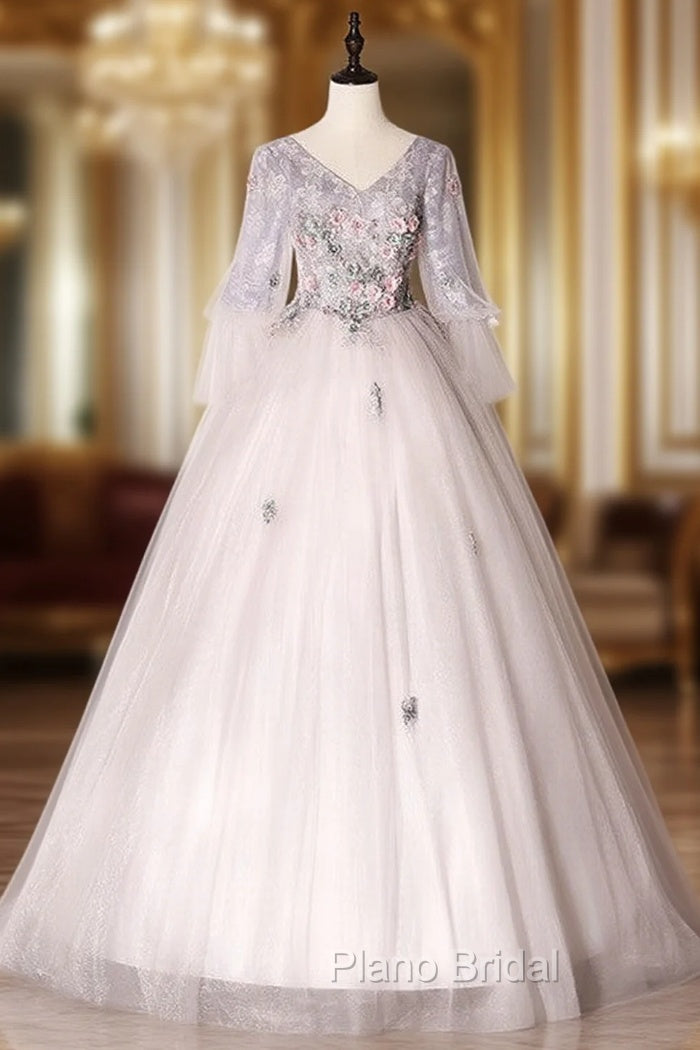 Gray Ball Gown Tulle V-neck Long Sleeve Quinceanera Dresses