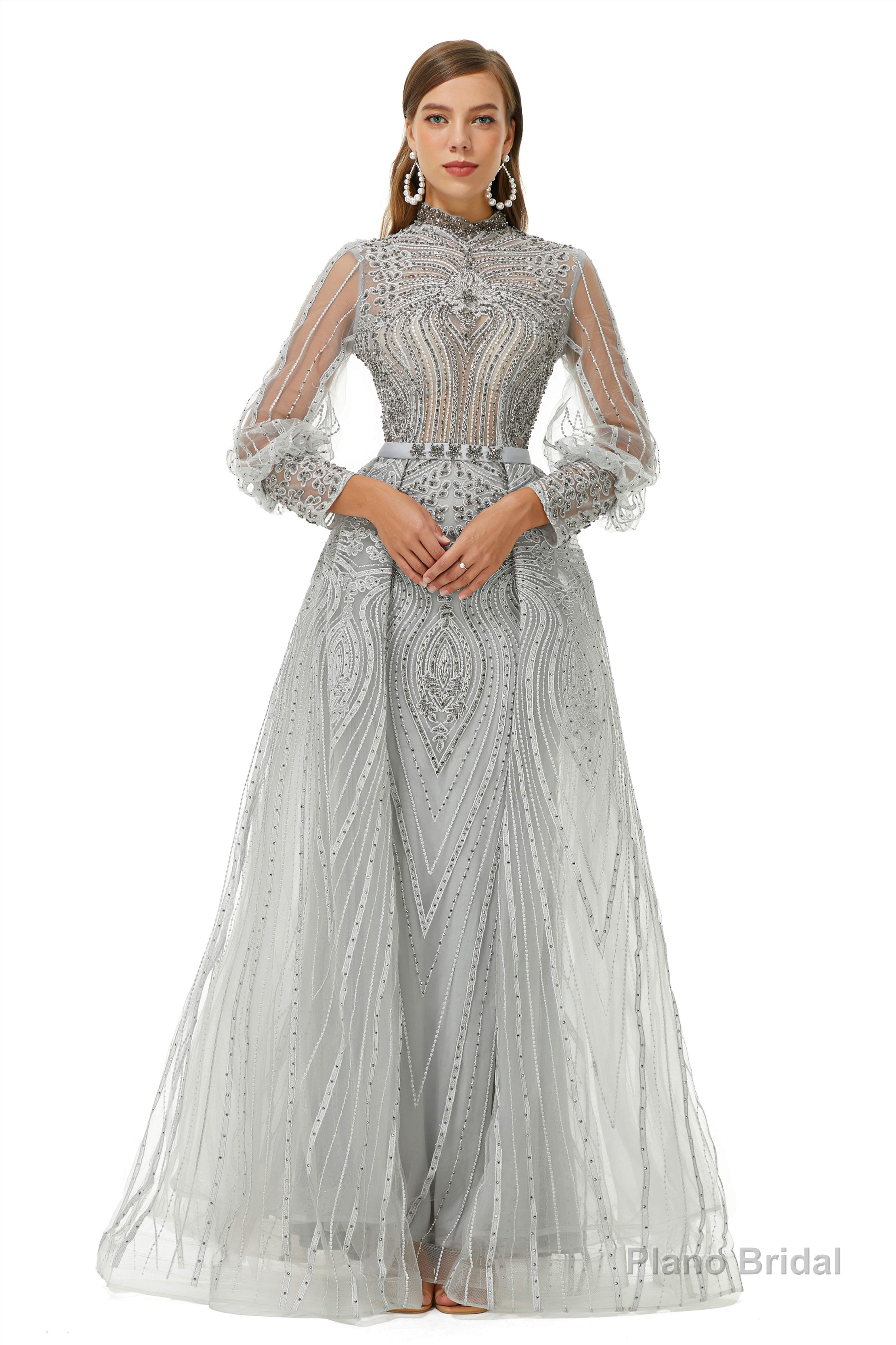 Gray Beaded Mermaid Long sleeves Prom Dresses Main image