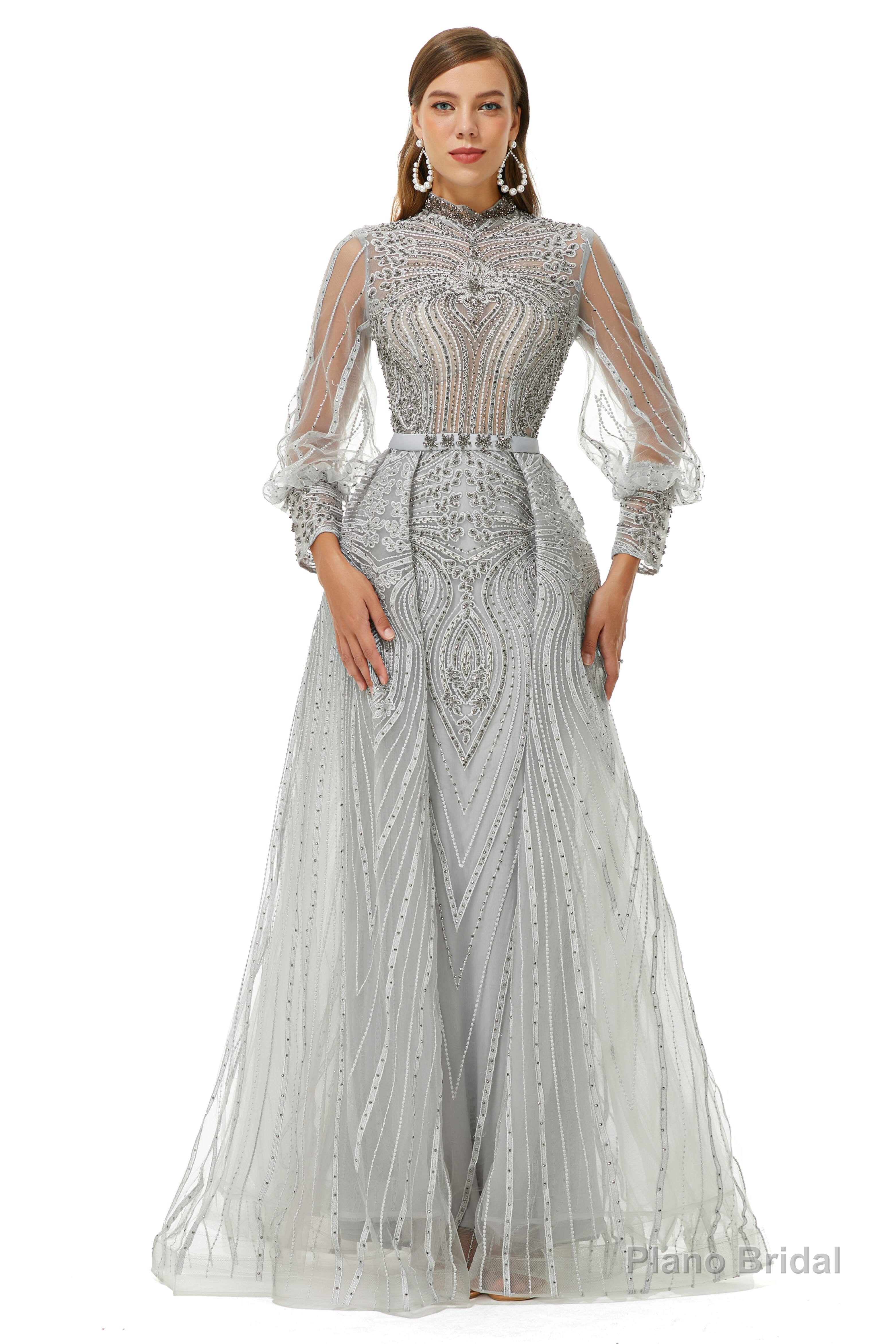 Gray Beaded Mermaid Long sleeves Prom Dresses Secondary image