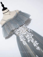 Gray Blue A line Tulle Lace Long Formal Prom Dresses, Gray Blue Graduation Dresses