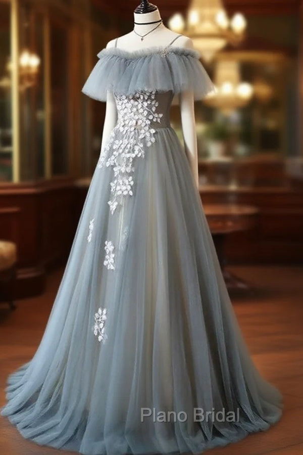 Gray Blue A line Tulle Lace Long Formal Prom Dresses, Gray Blue Graduation Dresses