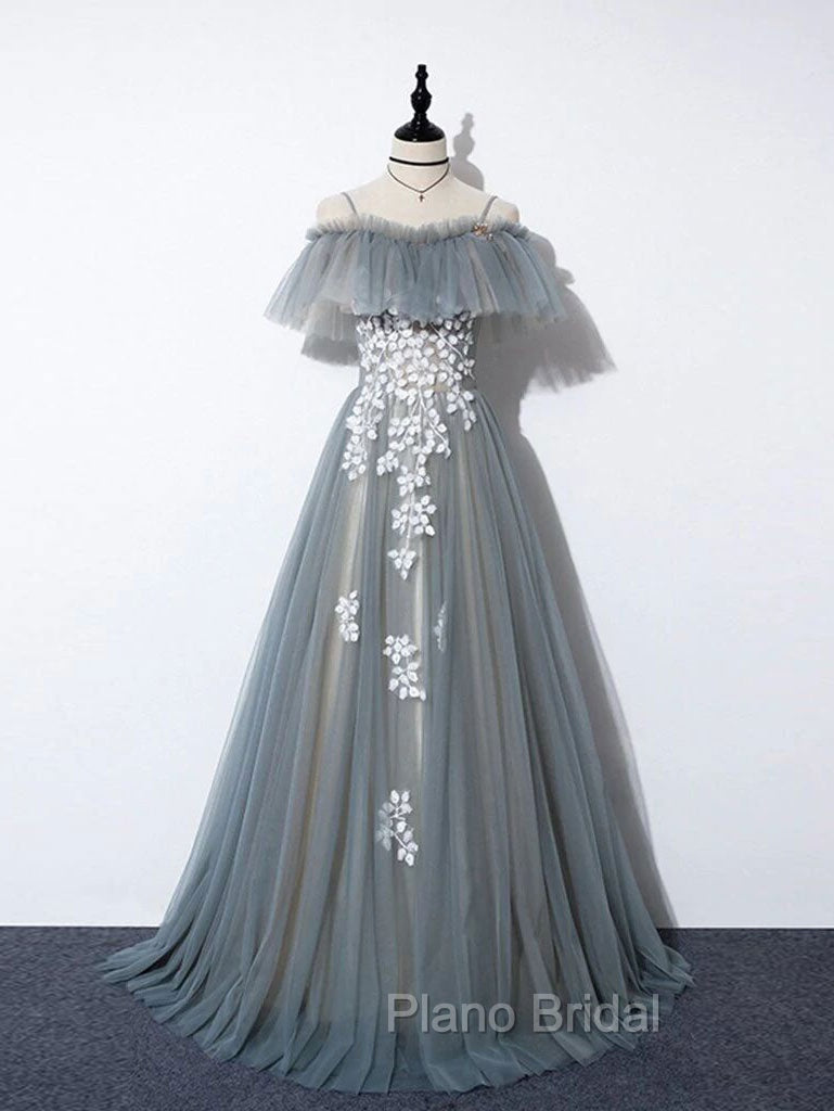Gray Blue A line Tulle Lace Long Formal Prom Dresses, Gray Blue Graduation Dresses Main image