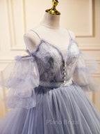 Gray Blue A-Line Tulle Lace Long Formal Prom Dresses, Gray Blue Formal Graduation Dresses