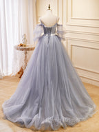 Gray Blue A-Line Tulle Lace Long Formal Prom Dresses, Gray Blue Formal Graduation Dresses